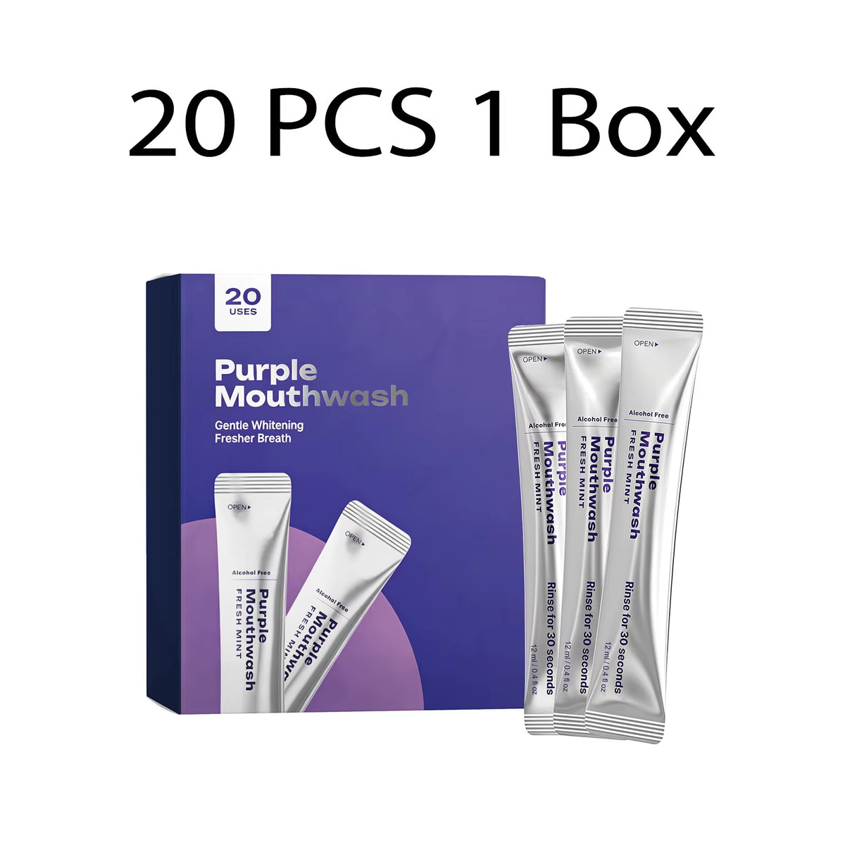 Purple Color Correcting Mouthwash Sachets Alcohol Free Fresh Mint Portable Oral Rinse Gentle Teeth Brighten Clean Gums 20 Pack